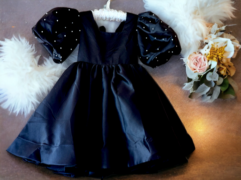 Black Satin Puffed sleeves party dress