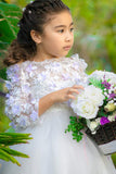 Raven Zia - Abigail - lace with 3D flowers appliques, white flower girl dress in long sleeves