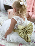 Raven Zia -Taliyah white tulle with gold sequins bow dress