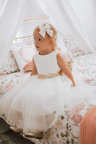 Raven Zia -Taliyah white tulle with gold sequins bow dress