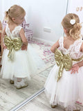 Raven Zia -Taliyah white tulle with gold sequins bow dress