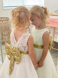 Raven Zia -Taliyah white tulle with gold sequins bow dress