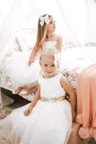 Raven Zia -Taliyah white tulle with gold sequins bow dress